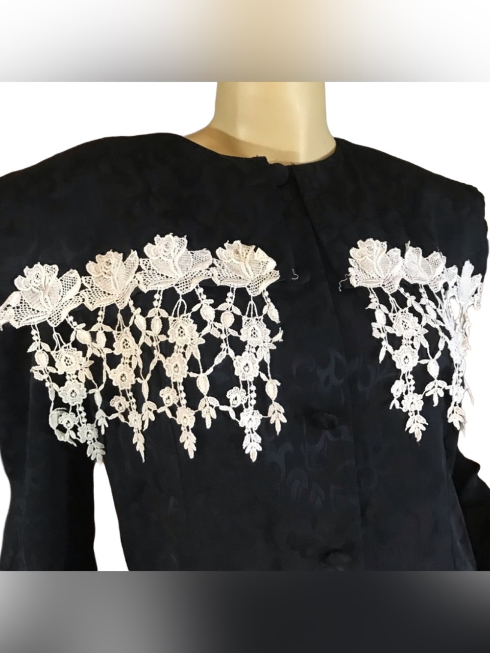 VINTAGE 1990'S IN THE MOOD BLACK BROCADE AND WHITE CROCHET LACE BLOUSE (14) - Picture 6 of 10
